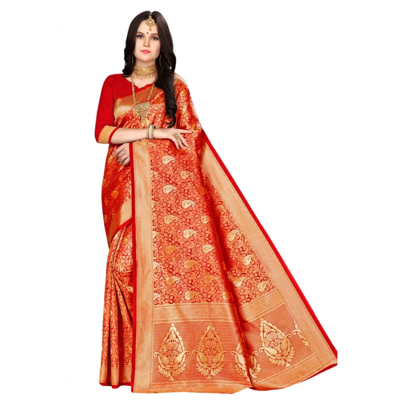 Mayawye Women's Banarasi silk Saree with Blouse (Red, 5-6mtr)