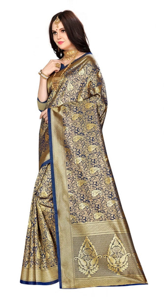 Mayawye Women's Banarasi silk Saree with Blouse (Navy blue, 5-6mtr)
