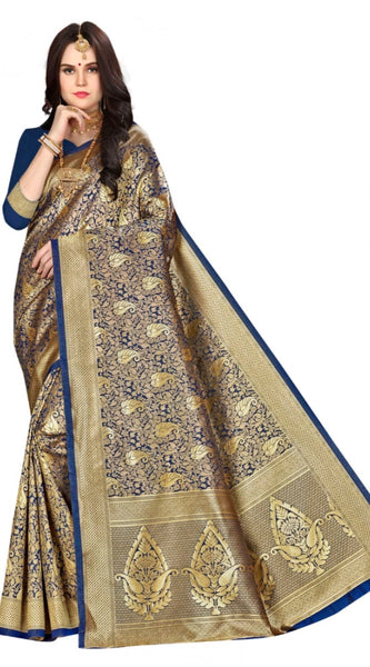 Mayawye Women's Banarasi silk Saree with Blouse (Navy blue, 5-6mtr)