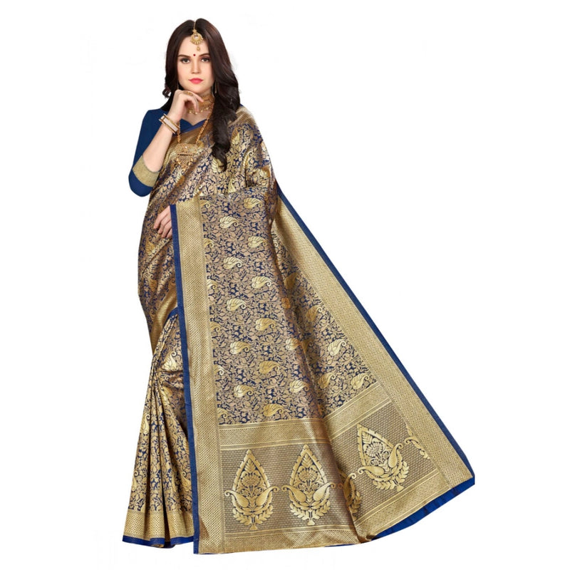 Mayawye Women's Banarasi silk Saree with Blouse (Navy blue, 5-6mtr)