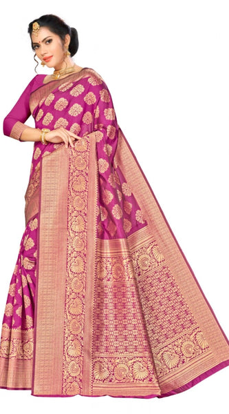 Mayawye Women's Banarasi silk Saree with Blouse (Wine, 5-6mtr)