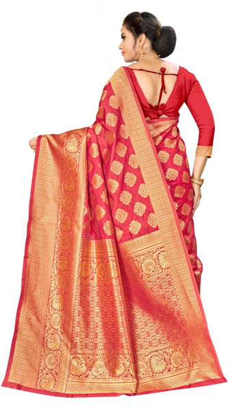 Mayawye Women's Banarasi silk Saree with Blouse (Red, 5-6mtr)