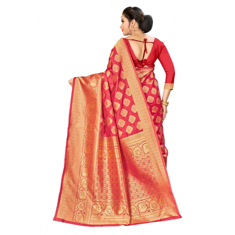 Mayawye Women's Banarasi silk Saree with Blouse (Red, 5-6mtr)