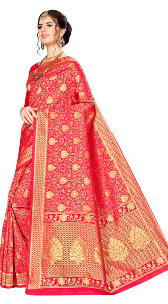 Mayawye Women's Banarasi silk Saree with Blouse (Red, 5-6mtr)