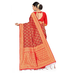 Mayawye Women's Banarasi silk Saree with Blouse (Red,black, 5-6mtr)