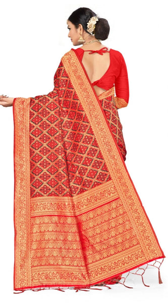 Mayawye Women's Banarasi silk Saree with Blouse (Red,black, 5-6mtr)