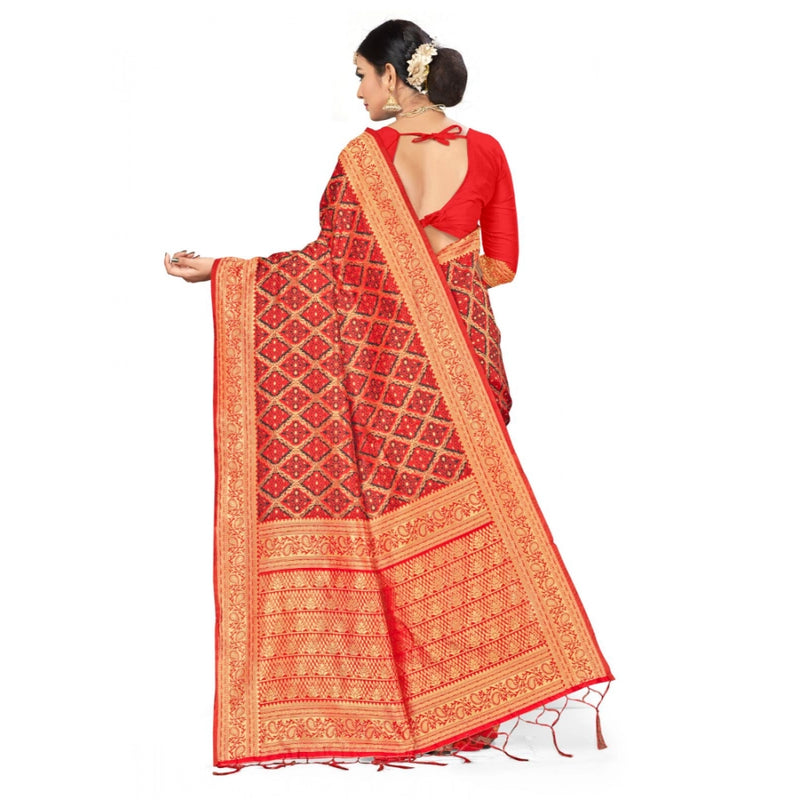Mayawye Women's Banarasi silk Saree with Blouse (Red,black, 5-6mtr)