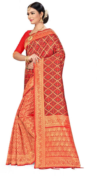 Mayawye Women's Banarasi silk Saree with Blouse (Red,black, 5-6mtr)