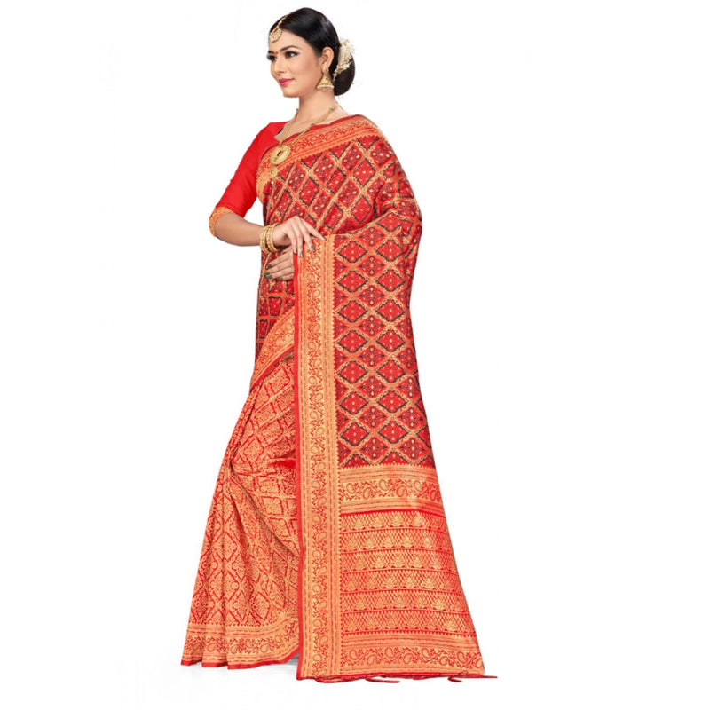 Mayawye Women's Banarasi silk Saree with Blouse (Red,black, 5-6mtr)