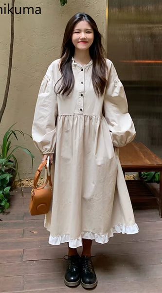 Autumn New Korean Style Dress Women Ruffles Patchwork O Neck Long Sleeve Dresses Slim Waist Elegant Vestidos Mujer