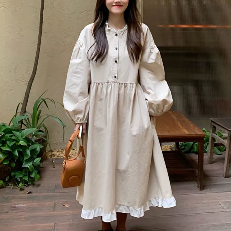 Autumn New Korean Style Dress Women Ruffles Patchwork O Neck Long Sleeve Dresses Slim Waist Elegant Vestidos Mujer