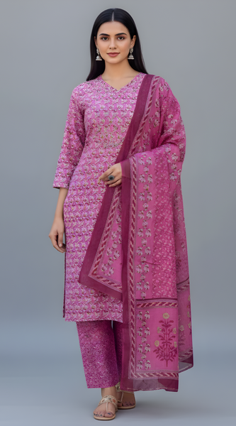 Mayawye Women's Cotton Blend Printed Kurti With Pant Dupatta Set (Pink)