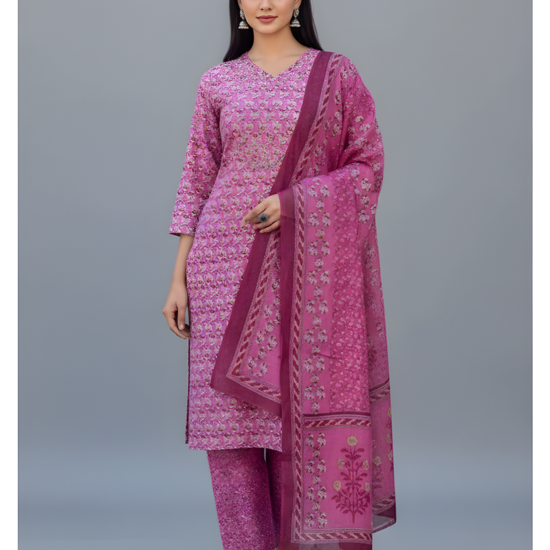 Mayawye Women's Cotton Blend Printed Kurti With Pant Dupatta Set (Pink)