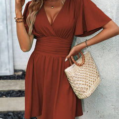 LUNE Plunging Neck Butterfly Sleeve Ruched Waist Dress