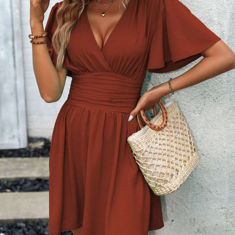 LUNE Plunging Neck Butterfly Sleeve Ruched Waist Dress