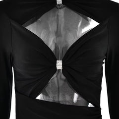 Sexy Hollow Out Long Sleeved Elastic Tight Dress Women Pleats Double Layered Female Vestidos Elegant Party Evening Dress