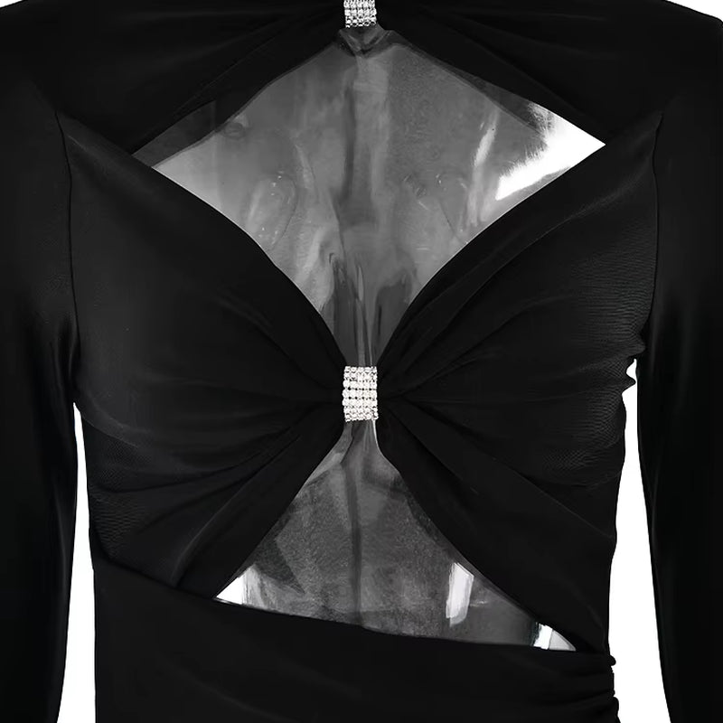 Sexy Hollow Out Long Sleeved Elastic Tight Dress Women Pleats Double Layered Female Vestidos Elegant Party Evening Dress