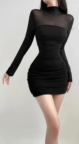 See through Black Bodycon Dress for Women Clothing Slim Sexy Streetwear Long Sleeve Vestidos De Mujer Patchwork Fashion Outfits