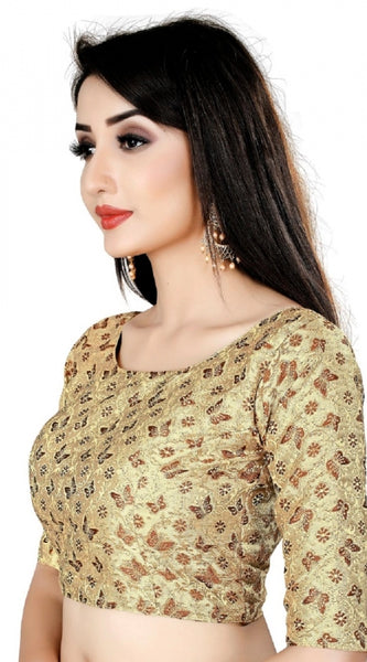 Mayawye Women's Brocade, Inner-Cotton Full Stitched Padded Blouse (Chiku cofee)