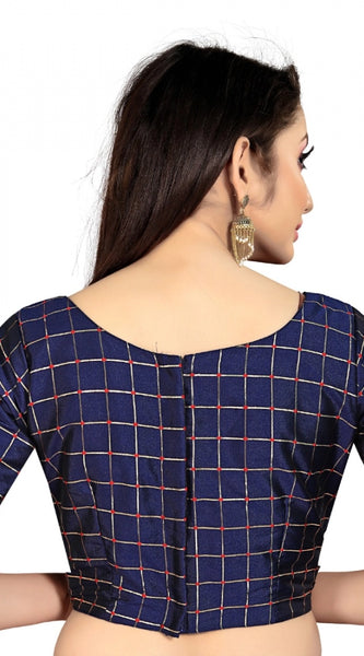 Mayawye Women's Brocade, Inner-Cotton Full Stitched Padded Blouse (Navy Blue )