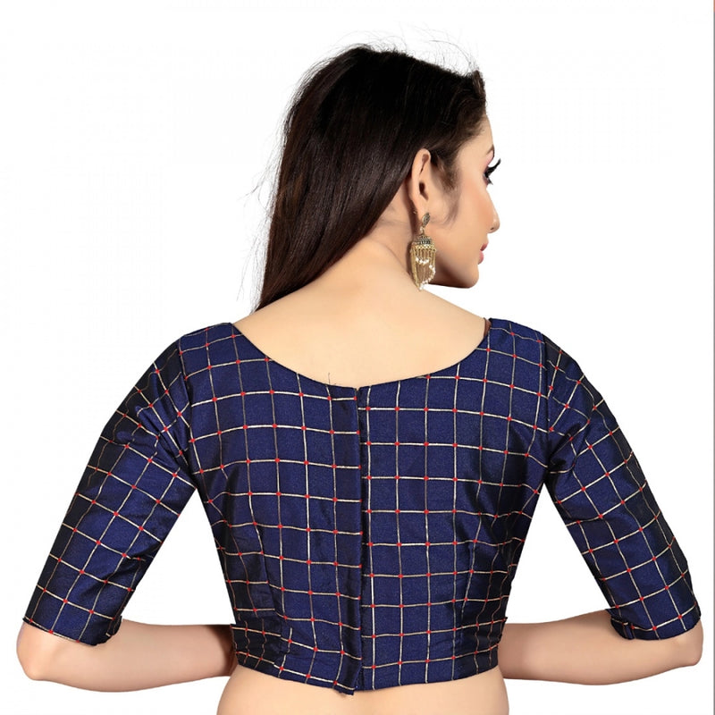 Mayawye Women's Brocade, Inner-Cotton Full Stitched Padded Blouse (Navy Blue )