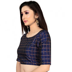 Mayawye Women's Brocade, Inner-Cotton Full Stitched Padded Blouse (Navy Blue )