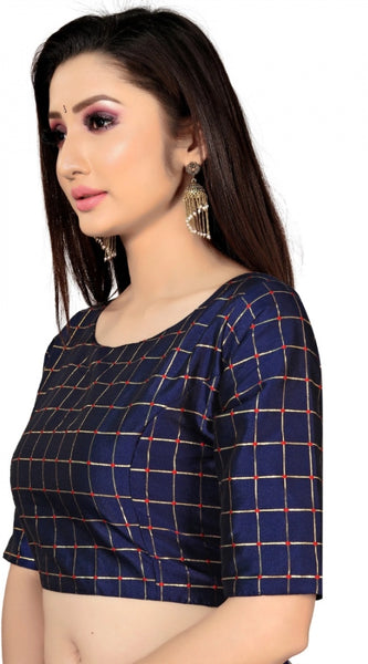 Mayawye Women's Brocade, Inner-Cotton Full Stitched Padded Blouse (Navy Blue )