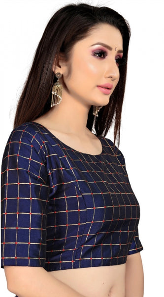 Mayawye Women's Brocade, Inner-Cotton Full Stitched Padded Blouse (Navy Blue )
