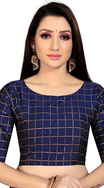 Mayawye Women's Brocade, Inner-Cotton Full Stitched Padded Blouse (Navy Blue )