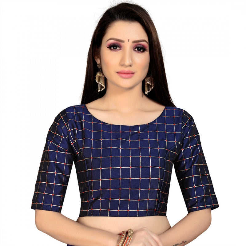 Mayawye Women's Brocade, Inner-Cotton Full Stitched Padded Blouse (Navy Blue )
