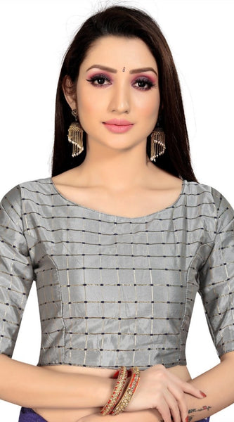 Mayawye Women's Brocade, Inner-Cotton Full Stitched Padded Blouse (Light Gray )