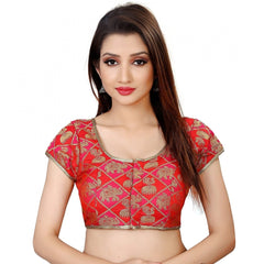 Mayawye Women's Brocade, Inner-Cotton Full Stitched Padded Blouse (Red)