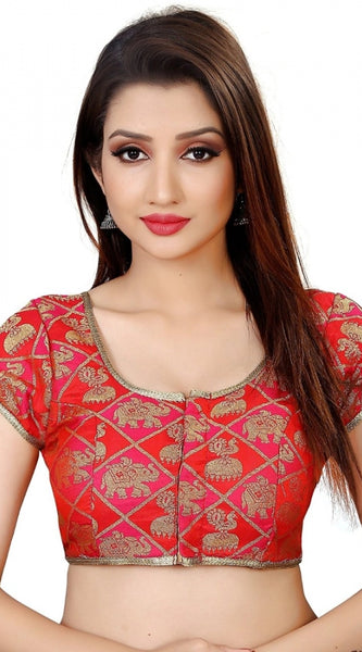 Mayawye Women's Brocade, Inner-Cotton Full Stitched Padded Blouse (Red)