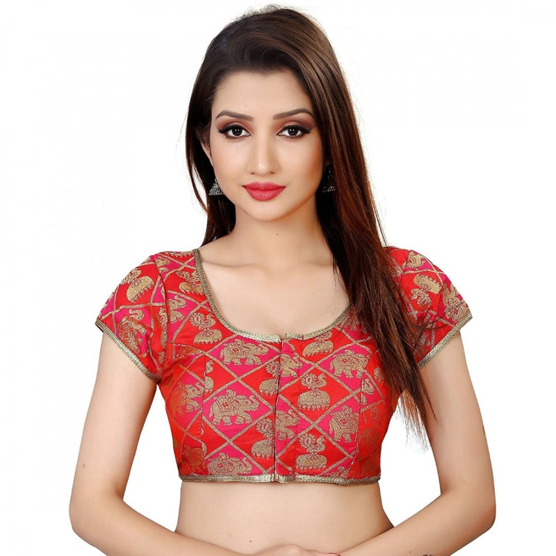 Mayawye Women's Brocade, Inner-Cotton Full Stitched Padded Blouse (Red)