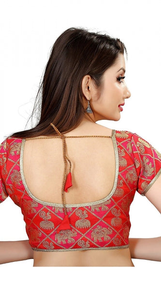 Mayawye Women's Brocade, Inner-Cotton Full Stitched Padded Blouse (Red)