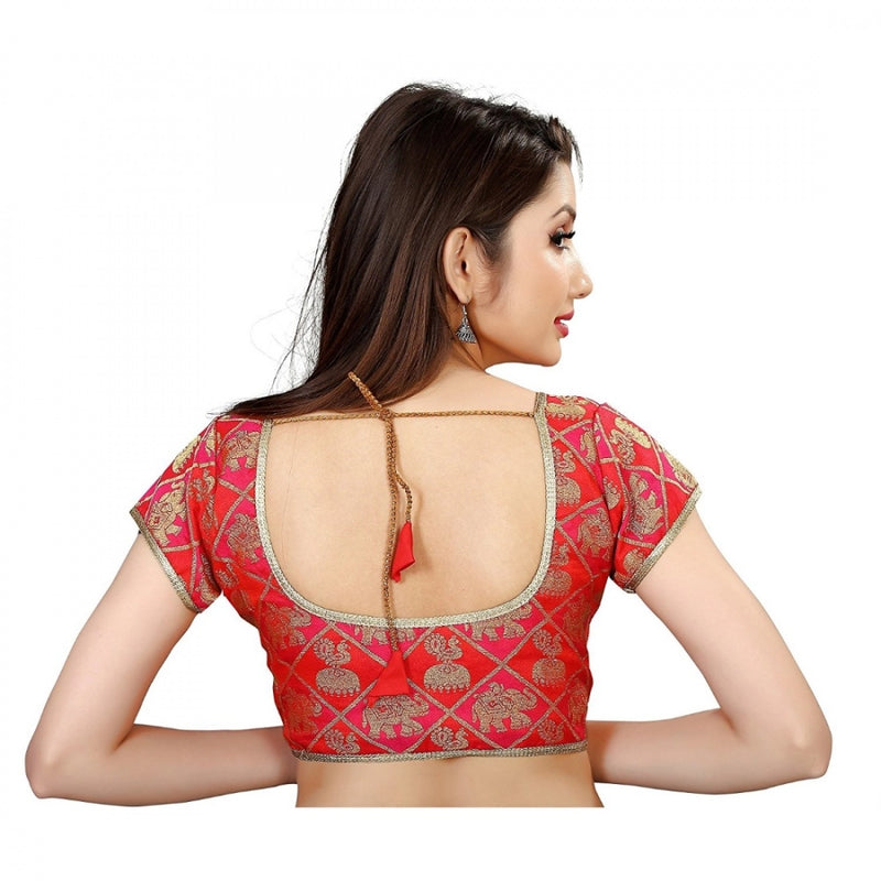Mayawye Women's Brocade, Inner-Cotton Full Stitched Padded Blouse (Red)
