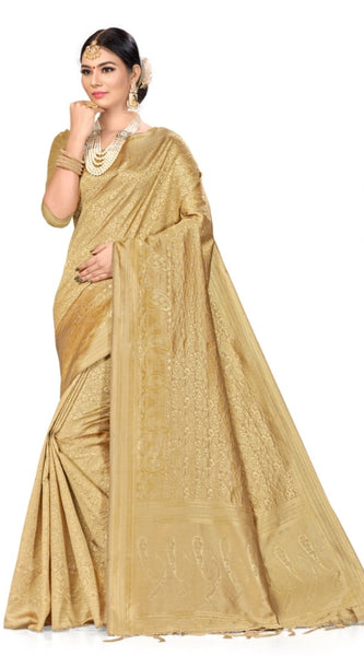 Mayawye Women's Banarasi Silk Saree (Cream, 5-6mtrs)