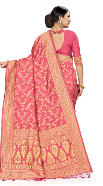 Mayawye Women's Banarasi Silk Saree (Peach, 5-6mtrs)