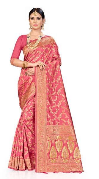Mayawye Women's Banarasi Silk Saree (Peach, 5-6mtrs)