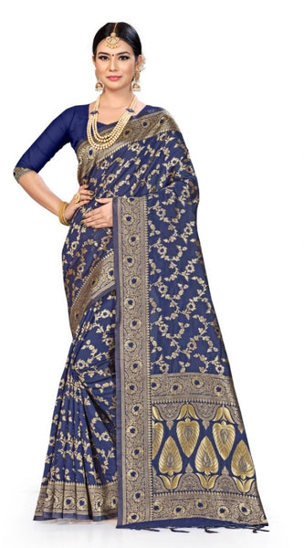 Mayawye Women's Banarasi Silk Saree (Neavy blue, 5-6mtrs)