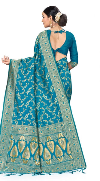 Mayawye Women's Banarasi Silk Saree (Sky blue, 5-6mtrs)