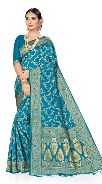 Mayawye Women's Banarasi Silk Saree (Sky blue, 5-6mtrs)