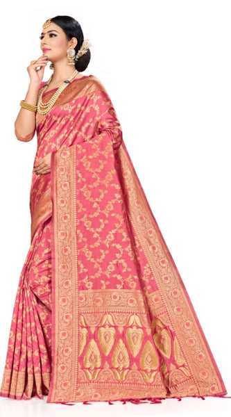 Mayawye Women's Banarasi Silk Saree (Peach, 5-6mtrs)