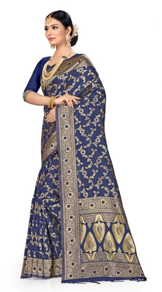 Mayawye Women's Banarasi Silk Saree (Neavy blue, 5-6mtrs)