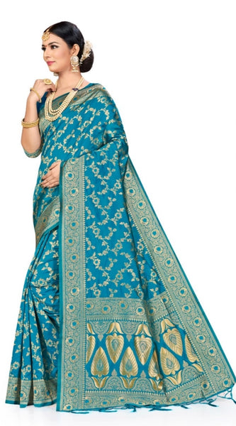 Mayawye Women's Banarasi Silk Saree (Sky blue, 5-6mtrs)