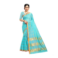 Mayawye Women's Kota Doria Cotton Saree With Blouse (Sky Blue,6-3 Mtrs)