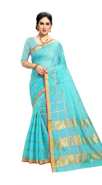 Mayawye Women's Kota Doria Cotton Saree With Blouse (Sky Blue,6-3 Mtrs)