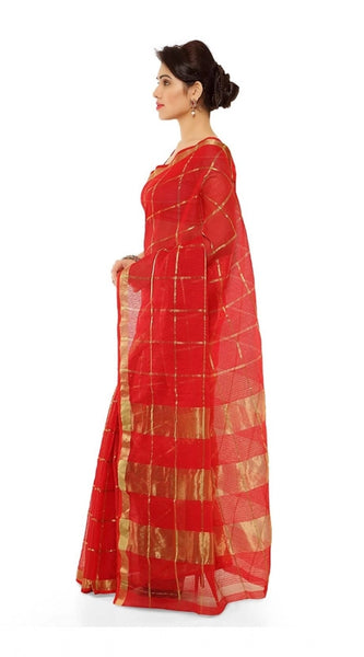 Mayawye Women's Kota Doria Cotton Saree With Blouse (Red,6-3 Mtrs)