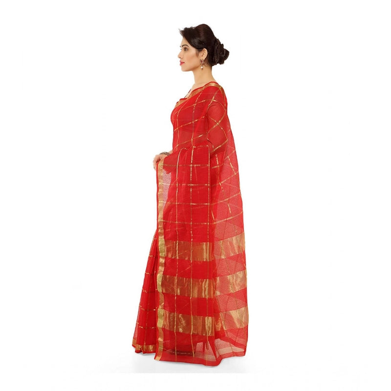 Mayawye Women's Kota Doria Cotton Saree With Blouse (Red,6-3 Mtrs)