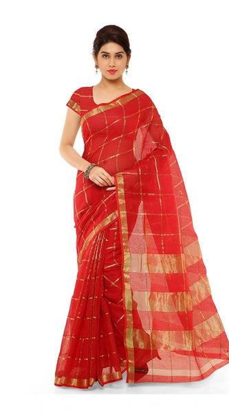 Mayawye Women's Kota Doria Cotton Saree With Blouse (Red,6-3 Mtrs)
